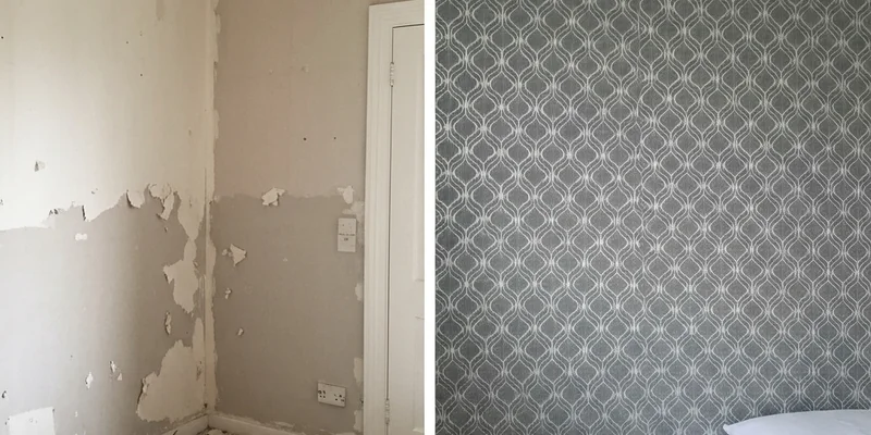 Pose de papier peint panoramique dans un salon à Launaguet